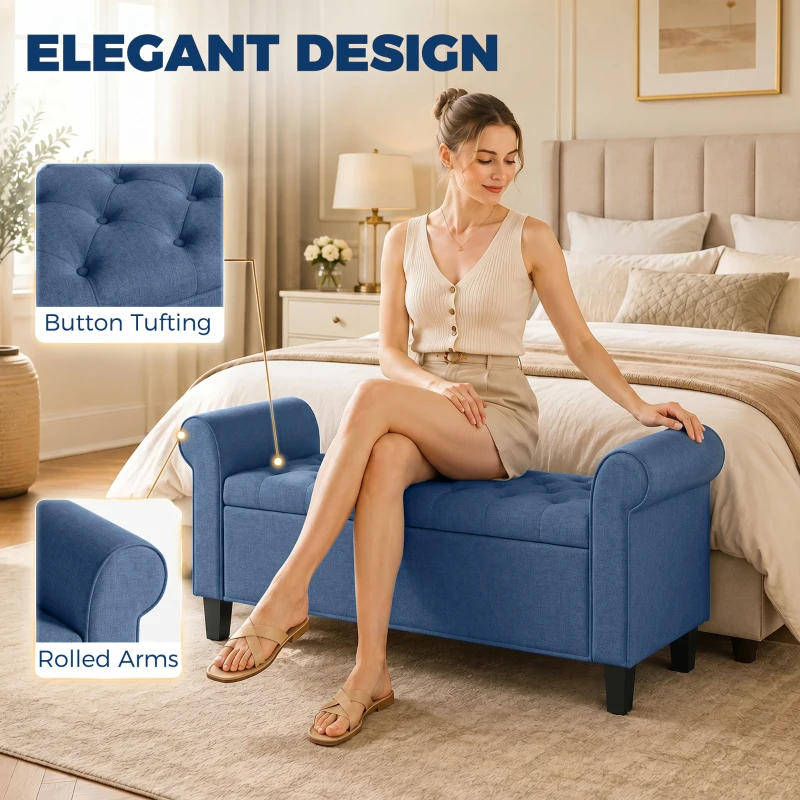 HOMCOM 47" Storage Ottoman Bench, Tufted End of Bed Bench with Rolled Arms, Safety Hinge, Wood Legs for Bedroom, Blue