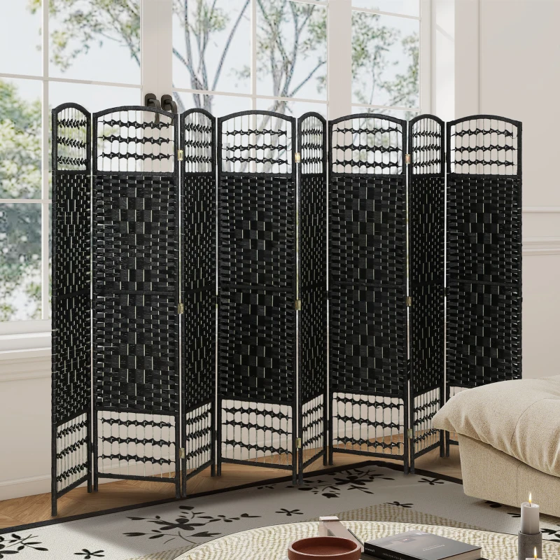 HOMCOM 8 Panel Folding Room Divider, Portable Privacy Screen, Wave Fiber Room Partition for Home Office, Black