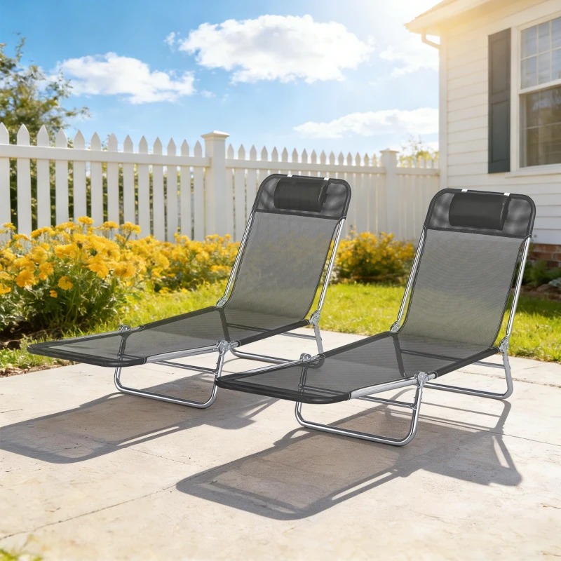 Outsunny 2 Piece Sun Loungers, Folding Chaise Lounge Chairs with Reclining Back, Breathable Mesh Seat, Headrest, Black