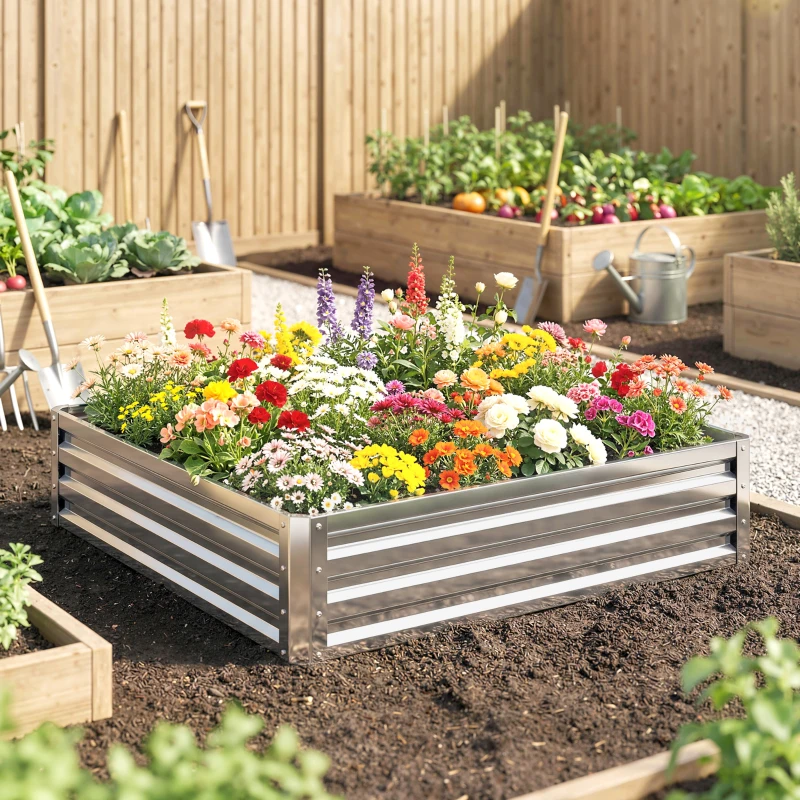 Outsunny 4' x 4' x 1' Galvanized Raised Garden Bed, Metal Garden Box with Open Bottom, Easy Assembly Outdoor Planter Box for Vegetables Flowers Herbs, Silver