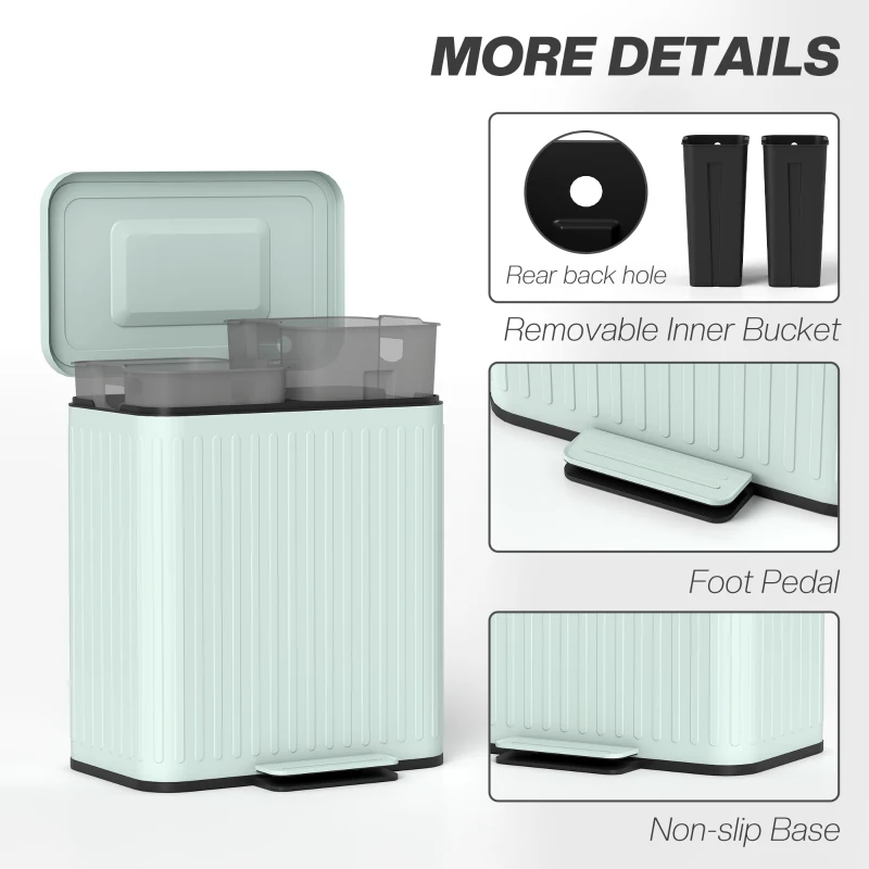 HOMCOM Trash Can with Lid, 2 x 5.3Gal Double Step-On Kitchen Trash Can with Rubbish Bags, Removable Buckets, Light Green