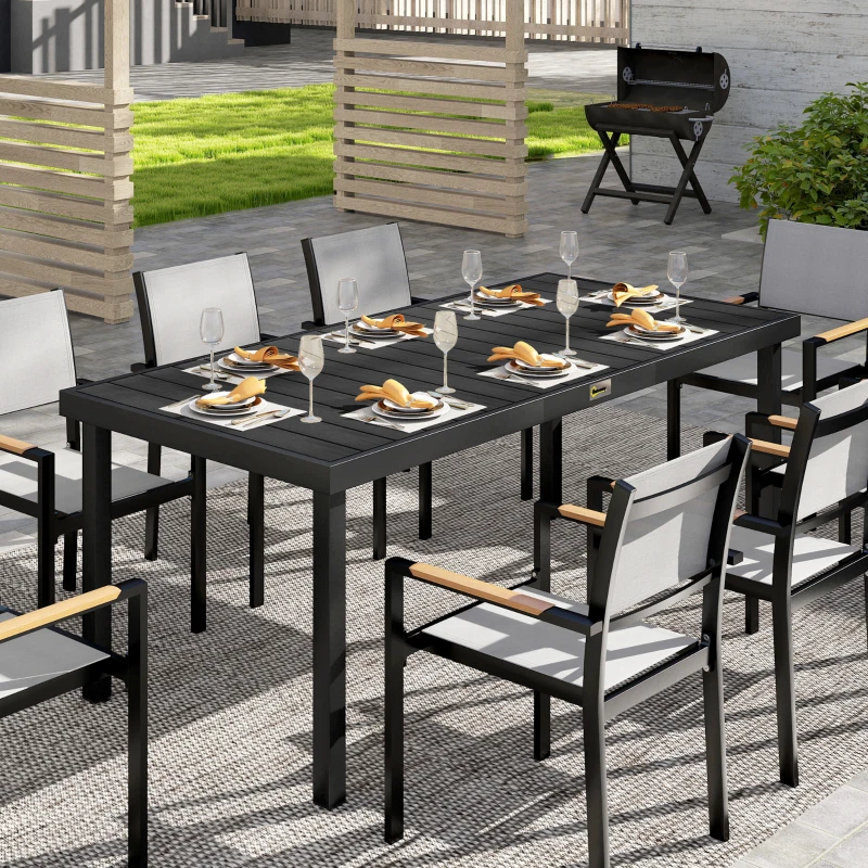 Outsunny 75" x 35" Outdoor Dining Table for 8 People, Rectangular Aluminum Frame Garden Table with All-Weather Faux Wood Top for Lawn, Patio, Black