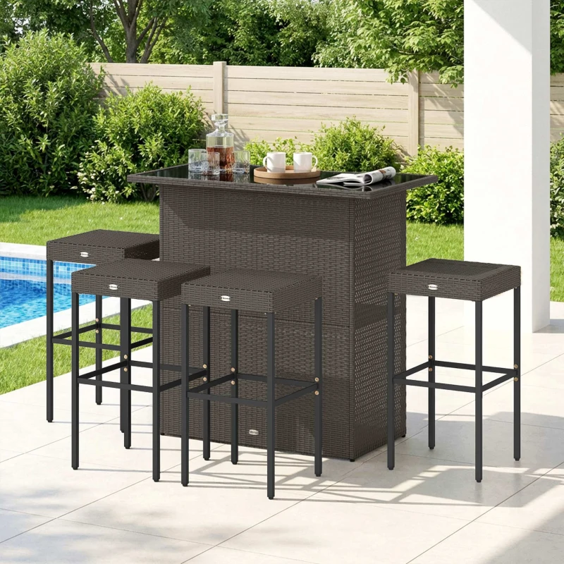 Outsunny 5 Piece Rattan Wicker Bar Set, High Top Outdoor Table and Chairs, Bar Height Patio Set, 2 Shelves & 4 Bar Stools, Brown