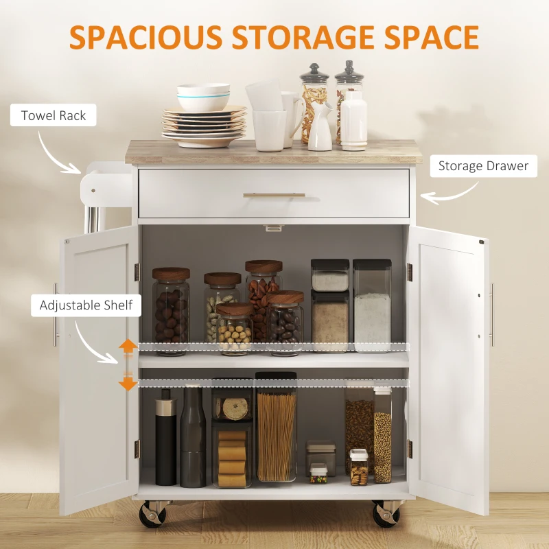 HOMCOM Kitchen Island Cart, Rolling Island Table with Solid Wood Top, Trolley Cart with Drawer, Storage Cabinet & Towel Rack, White