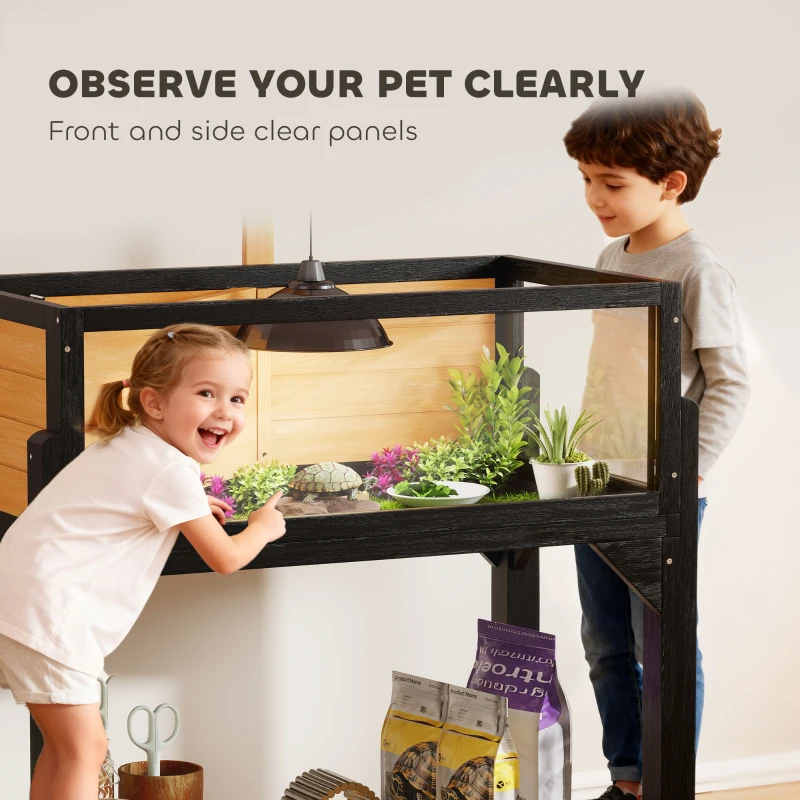 PawHut Wooden Tortoise Habitat with Storage Shelf, Tortoise Enclosure with Clear Windows, Openable Top, Lamp Holder, Yellow