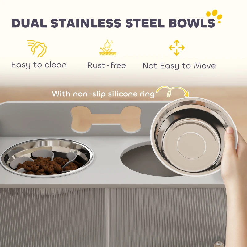PawHut Elevated Dog Bowls with Storage, Raised Dog Bowl Stand with 2 Stainless Steel Bowl for Large Dogs, Gray