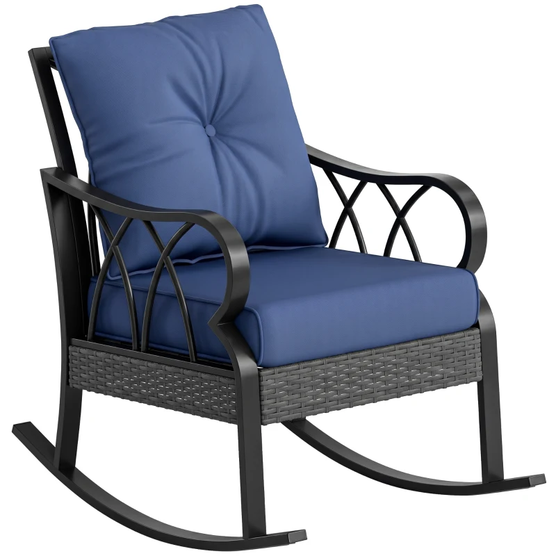 Outsunny Outdoor Wicker Rocking Chair with Padded Cushions, Aluminum Furniture, Rattan Porch Rocker Chair w/ Armrest, Navy Blue