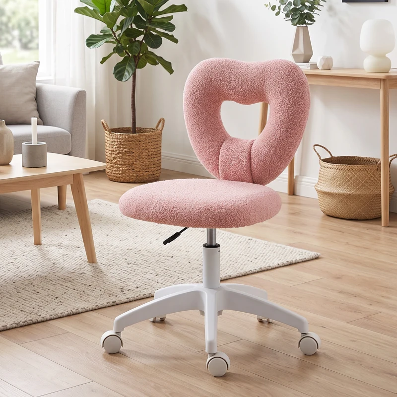 HOMCOM Armless Computer Desk Chair, Office Task Chair, Teddy Fleece Heart Makeup Vanity Chair with Swivel Wheels, Pink