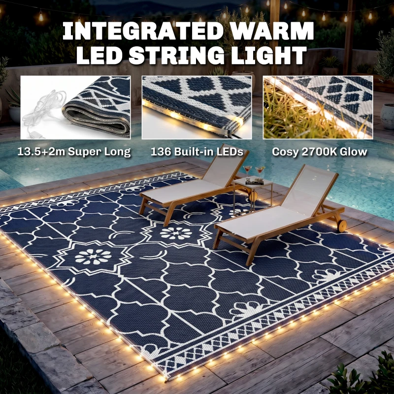 Outsunny Reversible Outdoor Rug Carpet with LED Lights, 12' x 9' PP Straw Rug with Carry Bag and Ground Stakes