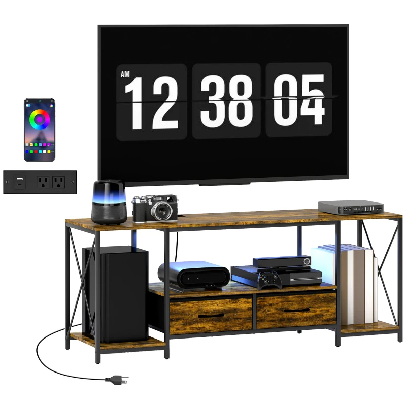 HOMCOM Industrial TV Stand for up to 55 Inch TV, TV Console with Charging Station and RGB LED Lights, Rustic Brown