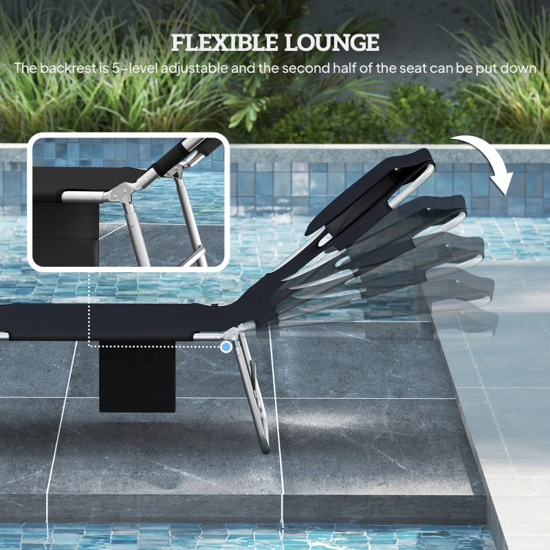 Outsunny 2 Tanning Chairs with Face Hole, 5-Level Adjustable Outdoor Chaise Lounge Chair with Pillow for Beach, Pool, Black