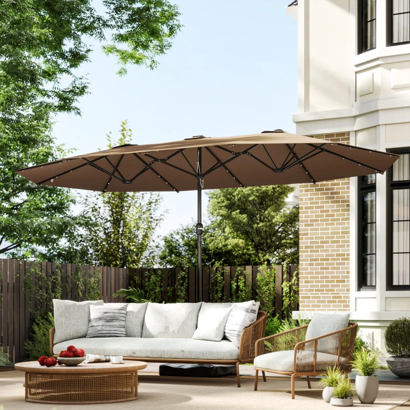 Outsunny Garden Parasol 14.4 ft. Double-Sided Sun Umbrella with Base, Patio Parasol with LED Solar Lights, Khaki