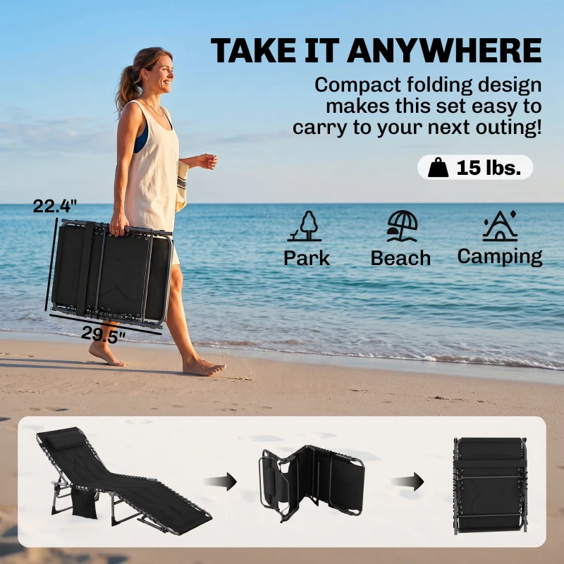 Outsunny Padded Folding Chaise Lounge Chair, Outdoor 6-Level Reclining Camping Tanning Chair with Headrest for Beach, Yard, Patio, Pool, Black