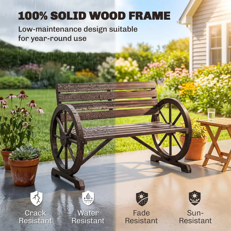 Outsunny 42" Wood Wagon Wheel Bench Garden Loveseat Rustic Seat Relaxing Lounge Chair Outdoor Decorative Seat Park Decor, Brown
