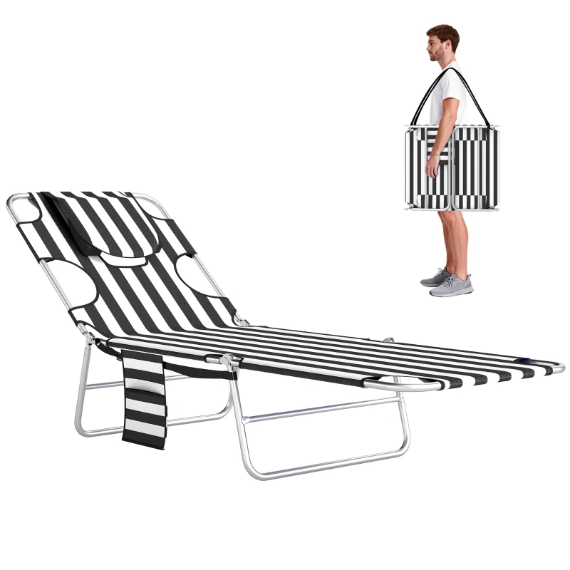 Outsunny Tanning Chair with Face Hole, 5-Level Adjustable Outdoor Chaise Lounge Chair with Pillow for Beach, Pool, Black Stripe