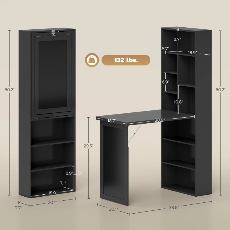 HOMCOM Fold-out Convertible Home Office Desk, Wall Mount Computer Desk with Blackboard and Side Shelf, Black