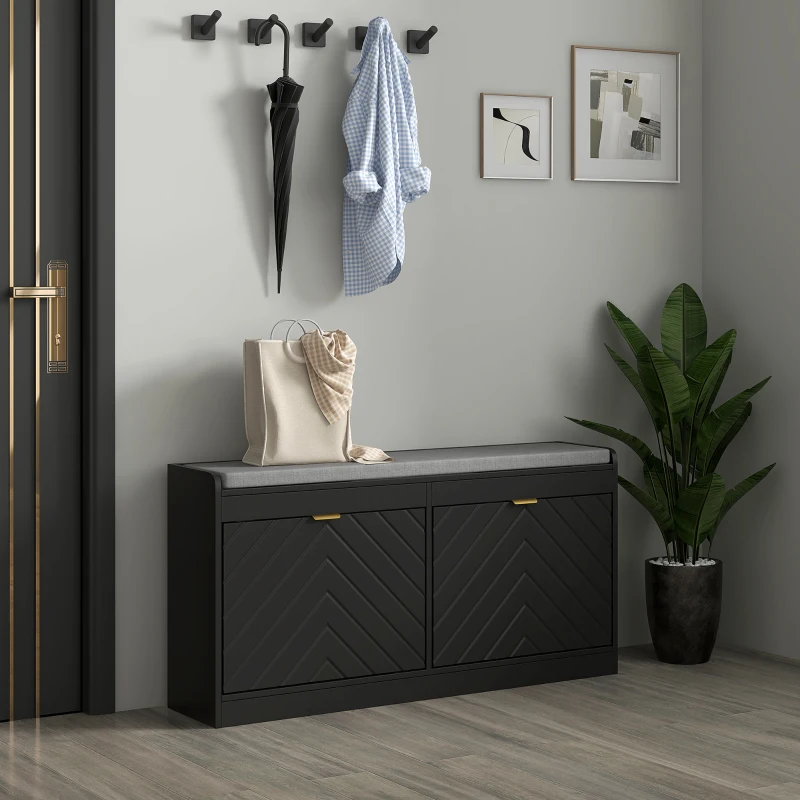 HOMCOM Narrow Storage Bench, Upholstered Entry Way Bench, Shoe Rack Bench with 2 Flip Drawers, 2 Vents for 8 Pairs of Shoes
