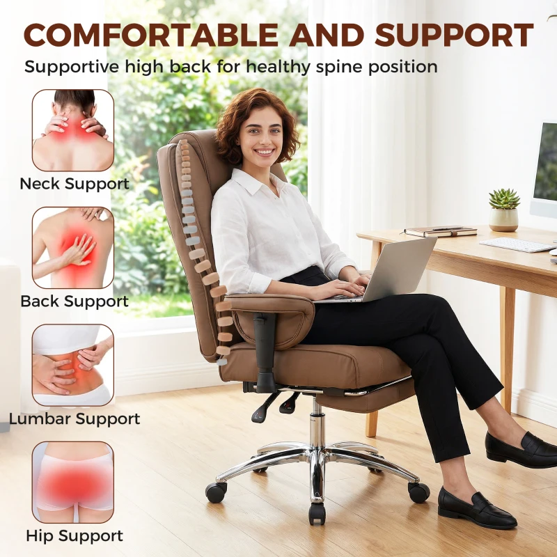 HOMCOM Ergonomic Office Chair, High Back Reclining Desk Chair with Adjustable Armrests, Pet Friendly Faux Leather, Brown