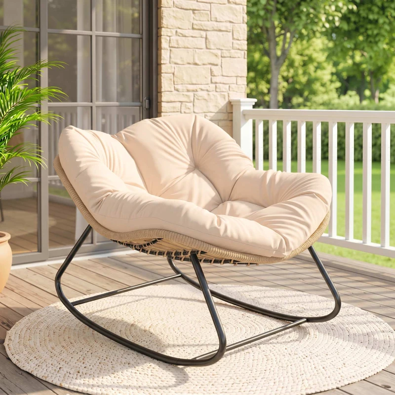 Outsunny Indoor Outdoor Papasan Rocking Chair, Oversized Rocking Egg Chair with Cushion for Garden, Patio, Cream White