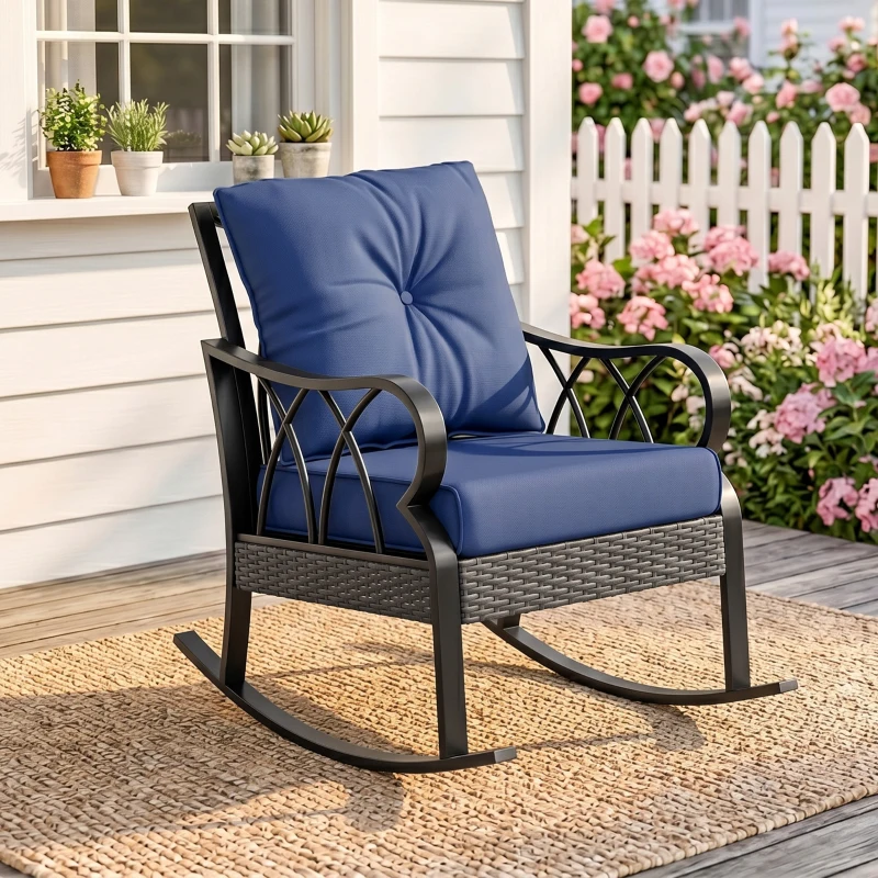 Outsunny Outdoor Wicker Rocking Chair with Padded Cushions, Aluminum Furniture, Rattan Porch Rocker Chair w/ Armrest, Navy Blue