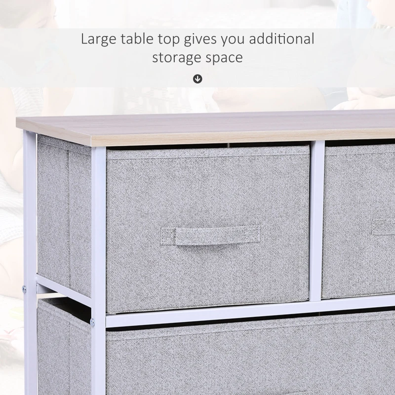 HOMCOM 40" L 5 Drawer Horizontal Storage Cube Dresser Unit Bedroom Organizer Living Room Shelf Tower with Fabric Bins, Light Gray