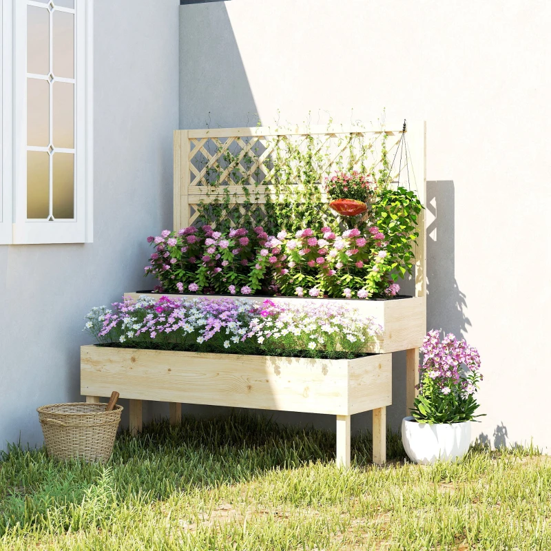 Outsunny 2-Tier Raised Garden Bed with Trellis, Elevated Planter Box for Climbing Plants, Natural