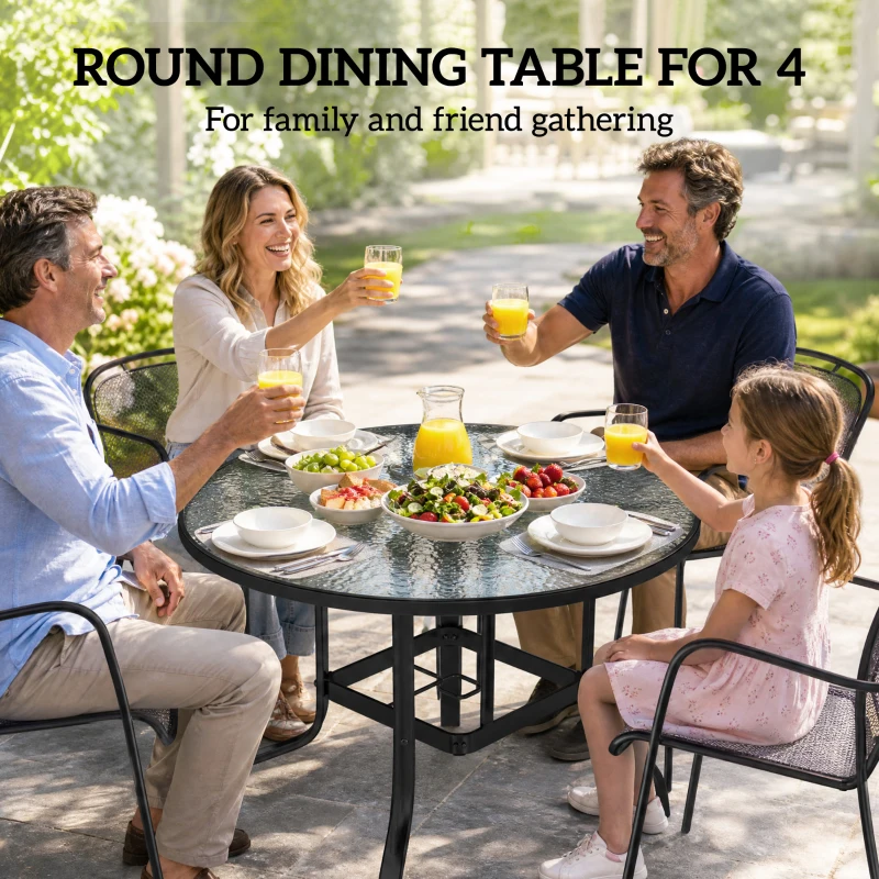 Outsunny 38" Round Patio Table with Umbrella Hole, Tempered Glass Outdoor Dining Table, Black