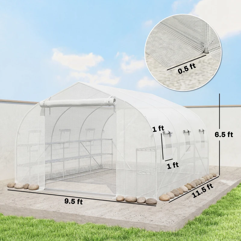 Outsunny 10'x11'x6' Walk-in Tunnel Greenhouse with Shelves, Mesh Door and Windows, Plant Hot House with PE Cover, White