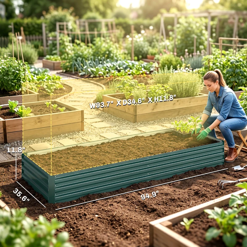 Outsunny 95" x 36" x 12" Galvanized Raised Garden Bed, Easy DIY and Cleaning for Growing Flowers, Herbs, Succulents, Green