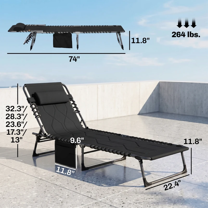 Outsunny Padded Folding Chaise Lounge Chair, Outdoor 6-Level Reclining Camping Tanning Chair with Headrest for Beach, Yard, Patio, Pool, Black