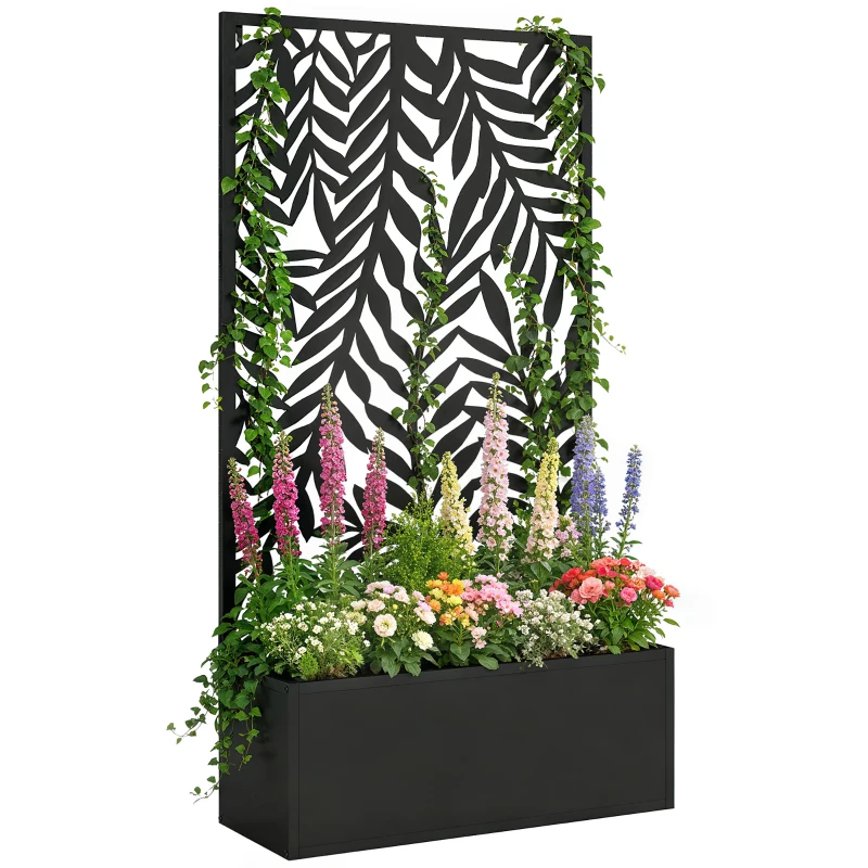 Outsunny Metal Planter Box with Trellis, 44.5" Raised Garden Bed with Trellis Privacy Screen for Climbing Plants