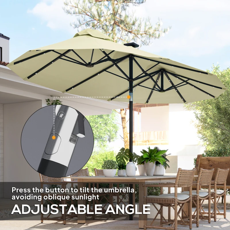 Outsunny Double-sided Patio Umbrella, 9.7' Outdoor Umbrella with Tilt and Crank, LED Solar Light and 12 Ribs, Cream White