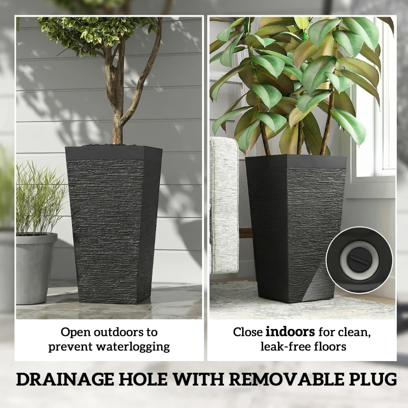 Outsunny 22.8 Inch Set of 3 Outdoor Planters with Stone Finish and Wheels, Stackable Tapered Planters with Drainage Hole, Black