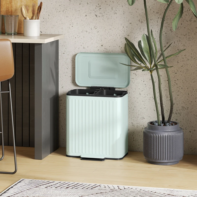 HOMCOM Trash Can with Lid, 2 x 5.3Gal Double Step-On Kitchen Trash Can with Rubbish Bags, Removable Buckets, Light Green