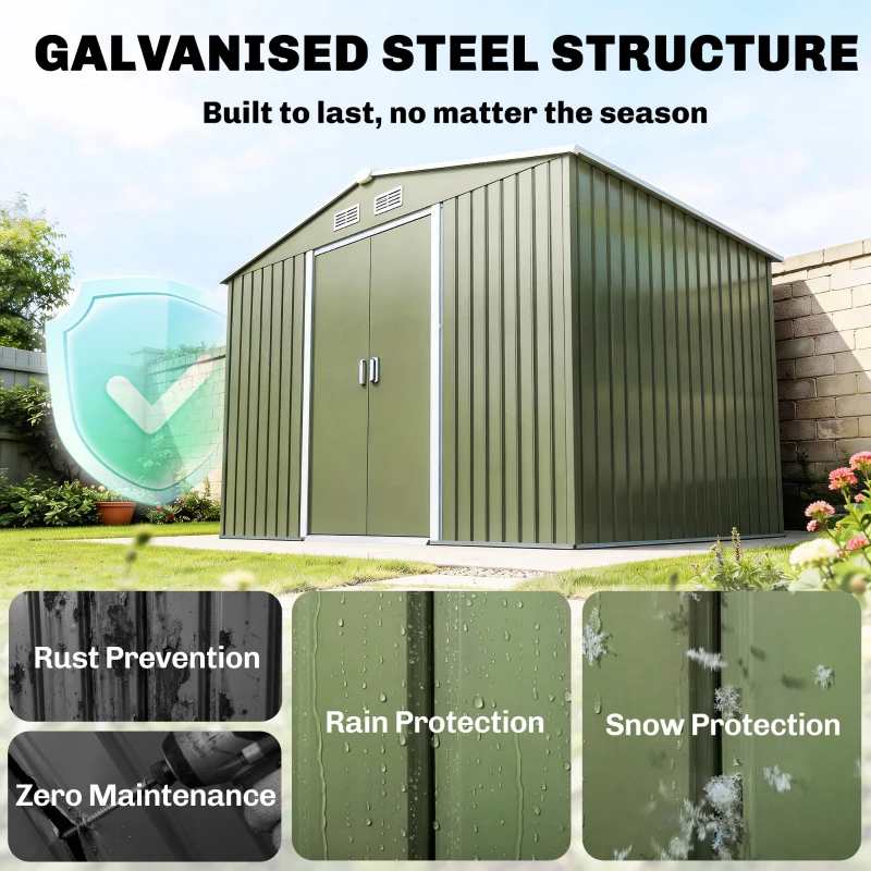 Outsunny 9' x 6' Outdoor Storage Shed, Garden Tool Metal Shed with Foundation Kit, Double Lockable Door, Air Vents and Sloping Roof, for Backyard, Patio, Lawn, Green