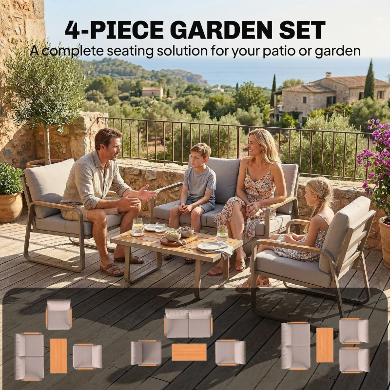 Outsunny 4 Piece Patio Furniture Set, Outdoor Sofa Set with Loveseat, 2 Armchairs, Coffee Table and Cushions