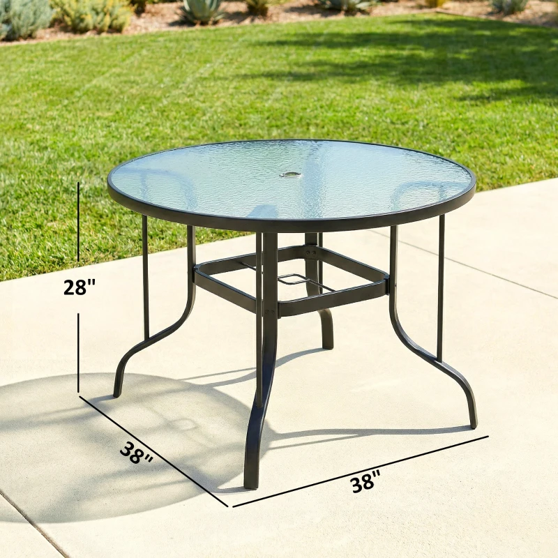 Outsunny 38" Round Patio Table with Umbrella Hole, Tempered Glass Outdoor Dining Table, Black
