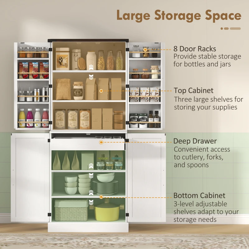 HOMCOM 72" Tall Kitchen Pantry Cabinet, Farmhouse Storage Cabinet with 8 Door Racks and Adjustable Shelves, White