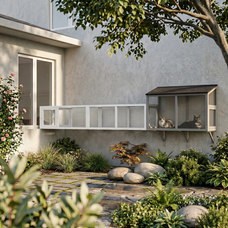 PawHut Wooden Cat Run with Weather Protection, Connecting Inside and Outside, 79"L x 15"W x 15"H, White