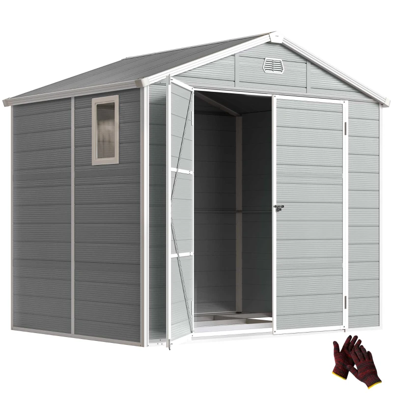 Outsunny 8' x 6' Garden Storage Shed, Outdoor Tool & Equipment Storage House with Wide Door, Foundation Kit, Vents, Window, Light Grey