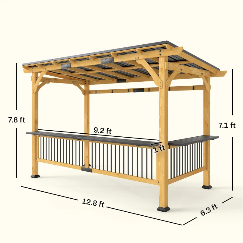Outsunny 13' x 6' Wooden BBQ Grill Gazebo, Outdoor Hardtop Grill Gazebo with Metal Roof, 2 Bar Shelves and 6 Hooks, Natural