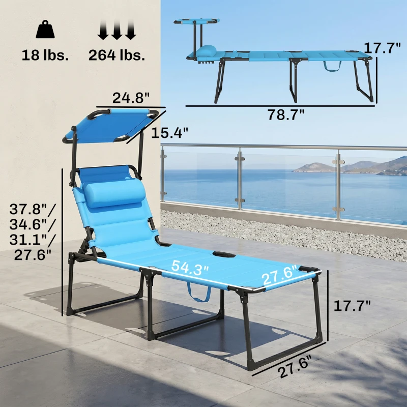 Outsunny Outdoor Lounge Chair, 4 Position Adjustable Backrest, Folding, Cushioned w/ Sun Shade Roof & Pillow, Blue