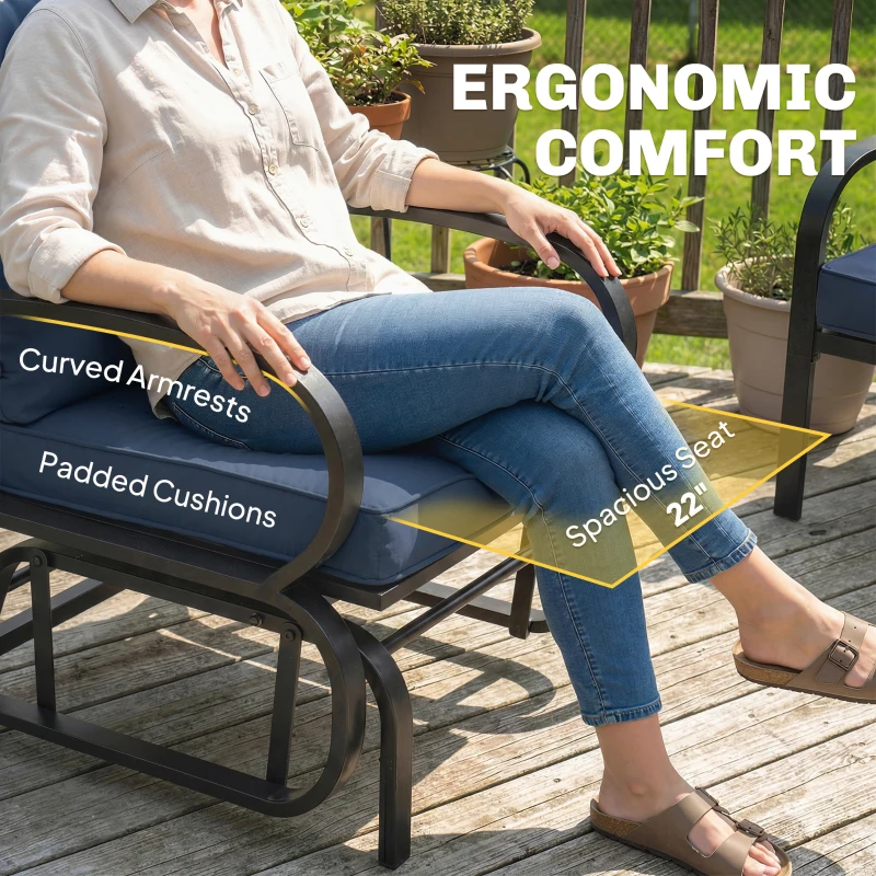 Outsunny Patio Glider, Outdoor Glider Chair with Cushions, Steel Frame, Curved Armrests, Dark Blue