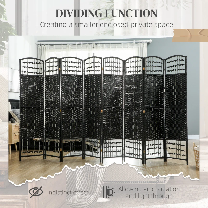 HOMCOM 8 Panel Folding Room Divider, Portable Privacy Screen, Wave Fiber Room Partition for Home Office, Black