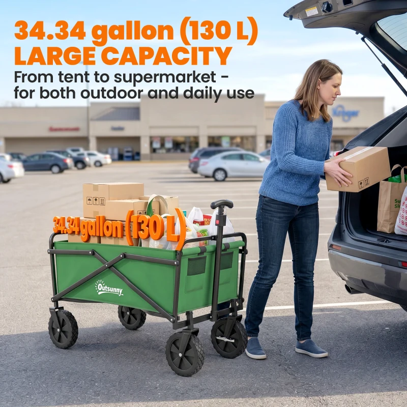 Outsunny Folding Wagon Cart, Outdoor Utility Wagon Heavy Duty Garden Shopping Cart Collapsible Camping Trolley with Steel Frame, Oxford Fabric