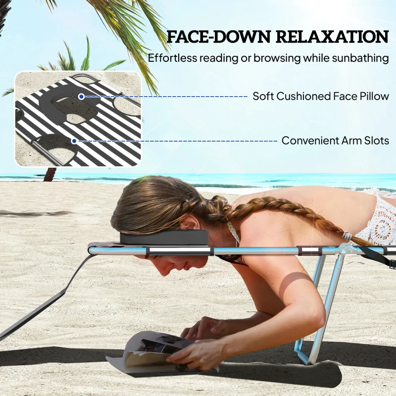 Outsunny Tanning Chair with Face Hole, 5-Level Adjustable Outdoor Chaise Lounge Chair with Pillow for Beach, Pool, Black Stripe