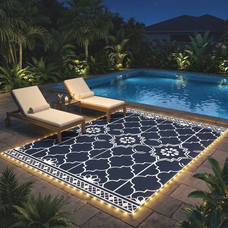 Outsunny Reversible Outdoor Rug Carpet with LED Lights, 12' x 9' PP Straw Rug with Carry Bag and Ground Stakes