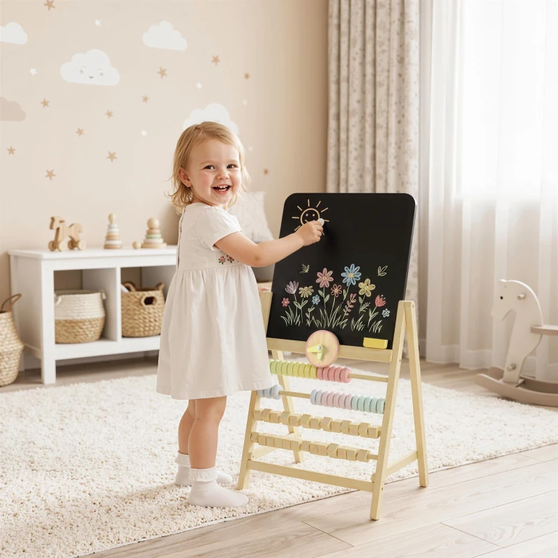 Qaba Wooden Kids Art Easel with Double-Sided Chalkboard, Clock, Abacus, Blackboard Eraser for Painting, for Ages 2+, Natural