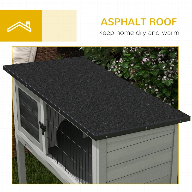 PawHut Elevated Rabbit Hutch, Wooden Bunny Cage with Hinged Asphalt Roof and Removable Tray, for Indoor/Outdoor, Gray