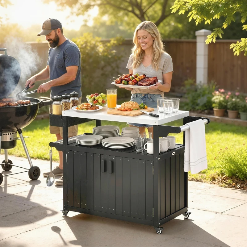 Outsunny Outdoor Bar Cart with Storage, Stainless Steel Outdoor Bar Table Top, Wheeled HDPE Kitchen Island for Food Prep, Black